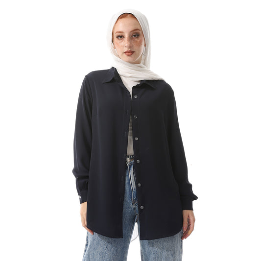 Navy Blue Chiffon Long Plain Semi-Formal Shirt