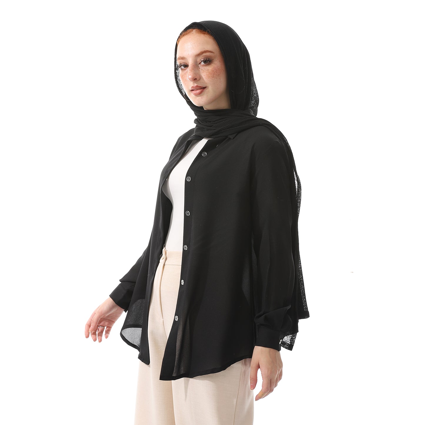 Black Chiffon Long Plain Sem-Formal Shirt