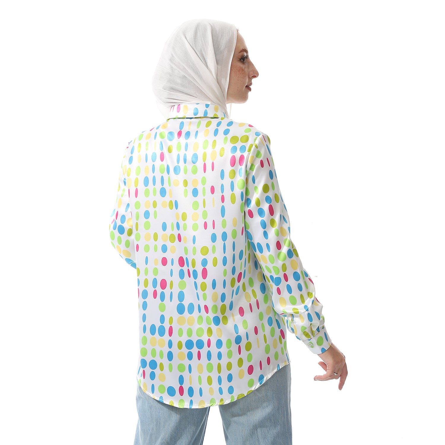 Colored Dots Chiffon White Long Semi-Formal Shirt
