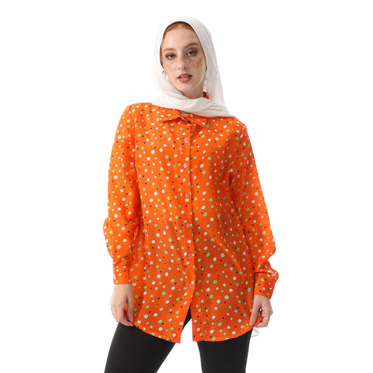 Colored Dots Chiffon Tiger Orange Long Semi-Formal Shirt