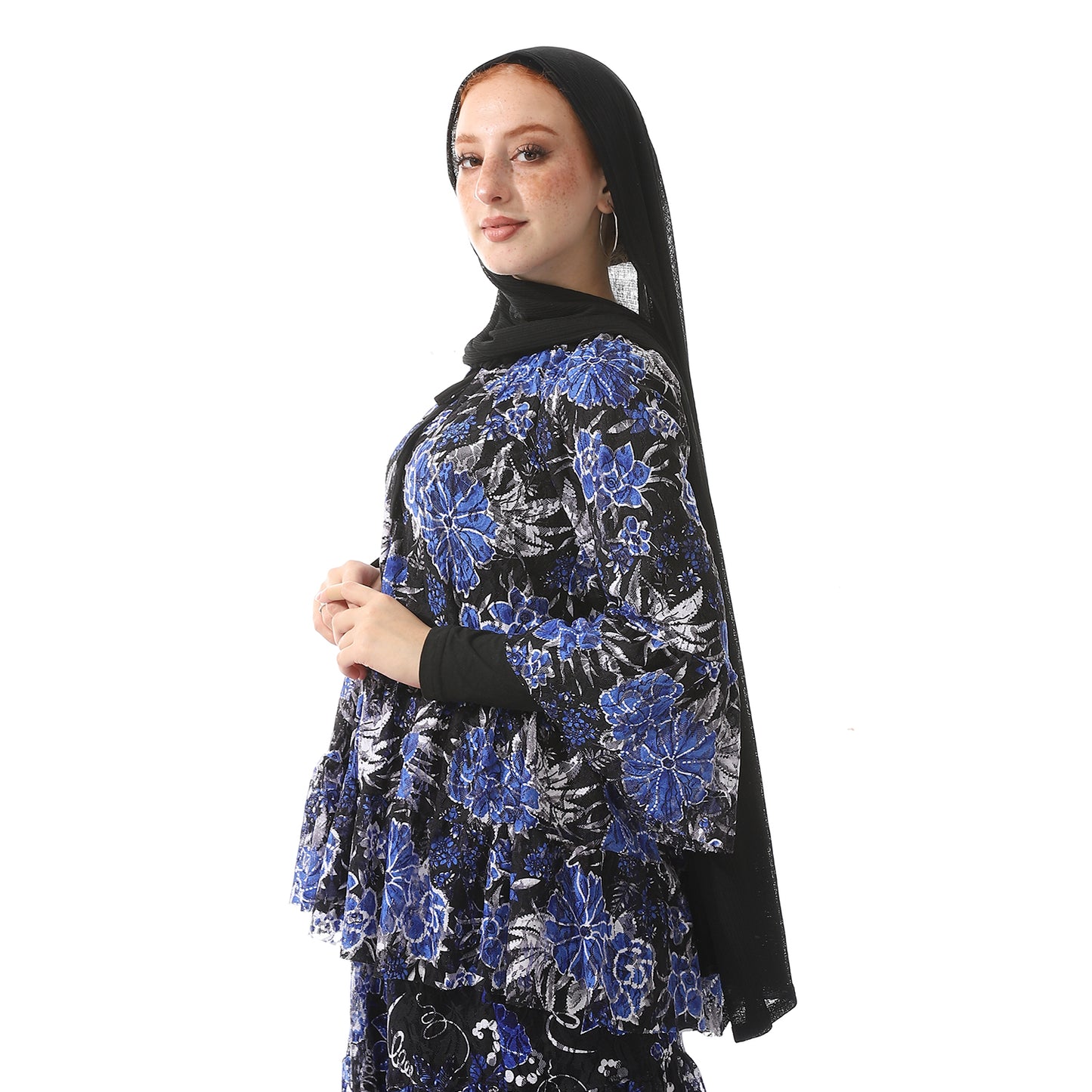 Black & Blue Self Patterned Long Tulle Blouse