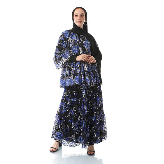 Black & Blue Self Patterned Long Tulle Blouse