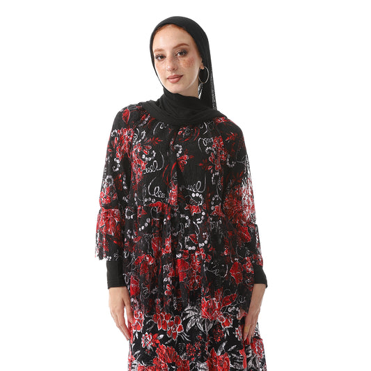 Black & Red Self Patterned Long Tulle Blouse