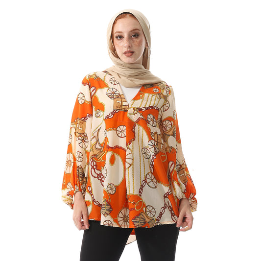 Chiffon V-Neck Smart Casual Tiger Orange & Buff Beige Blouse