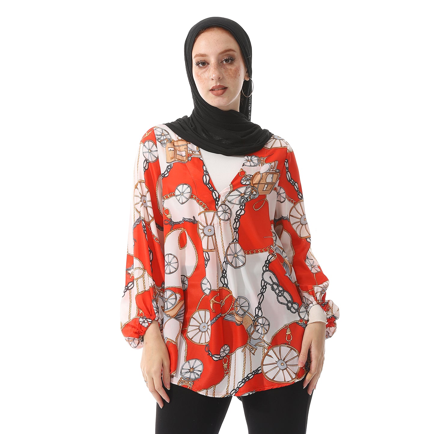 Chiffon V-Neck Smart Casual Orange Red & Ivory Blouse