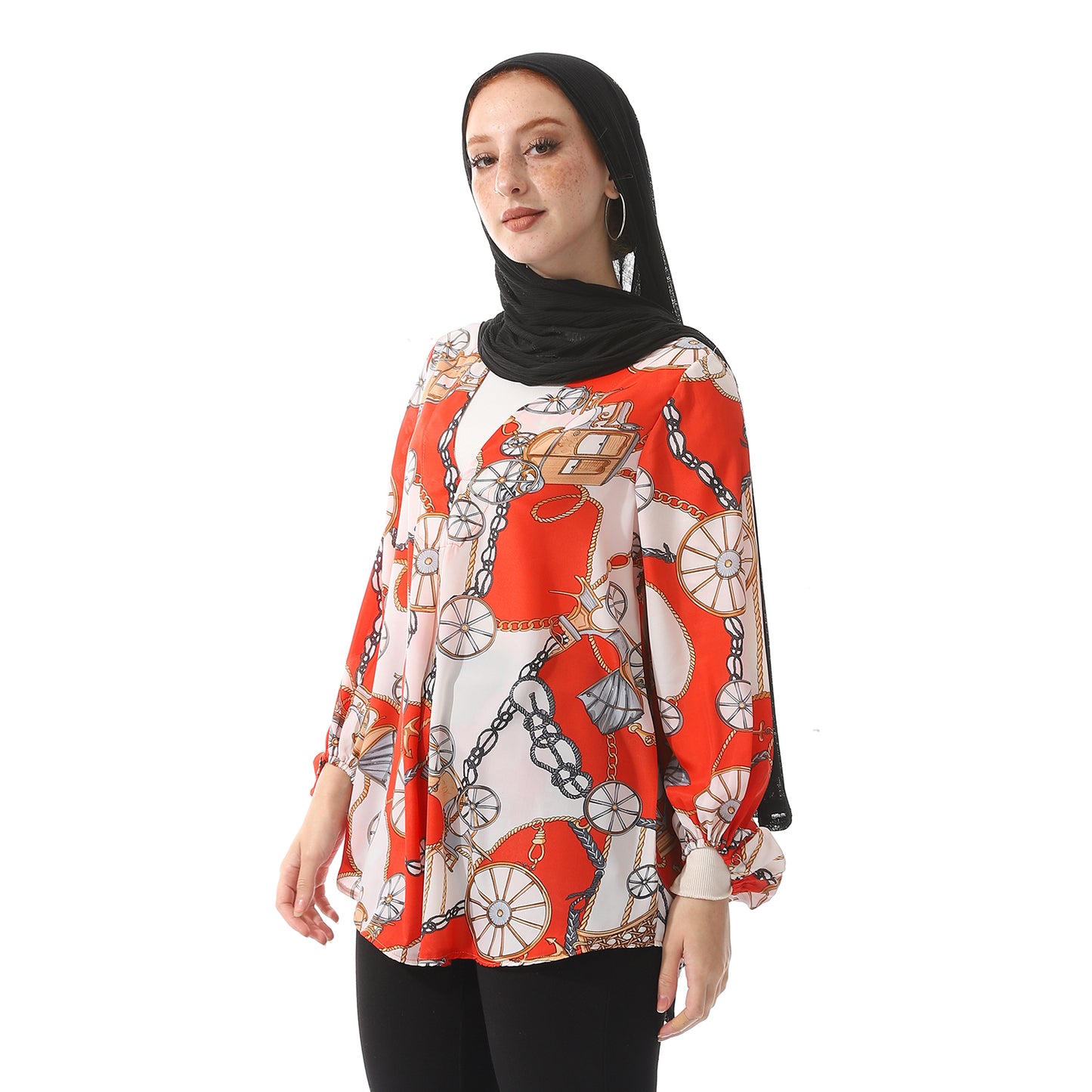 Chiffon V-Neck Smart Casual Orange Red & Ivory Blouse