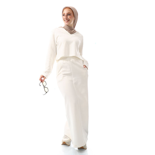 Mid-Season Plain V-Neck Comfy White Tracksuit Set