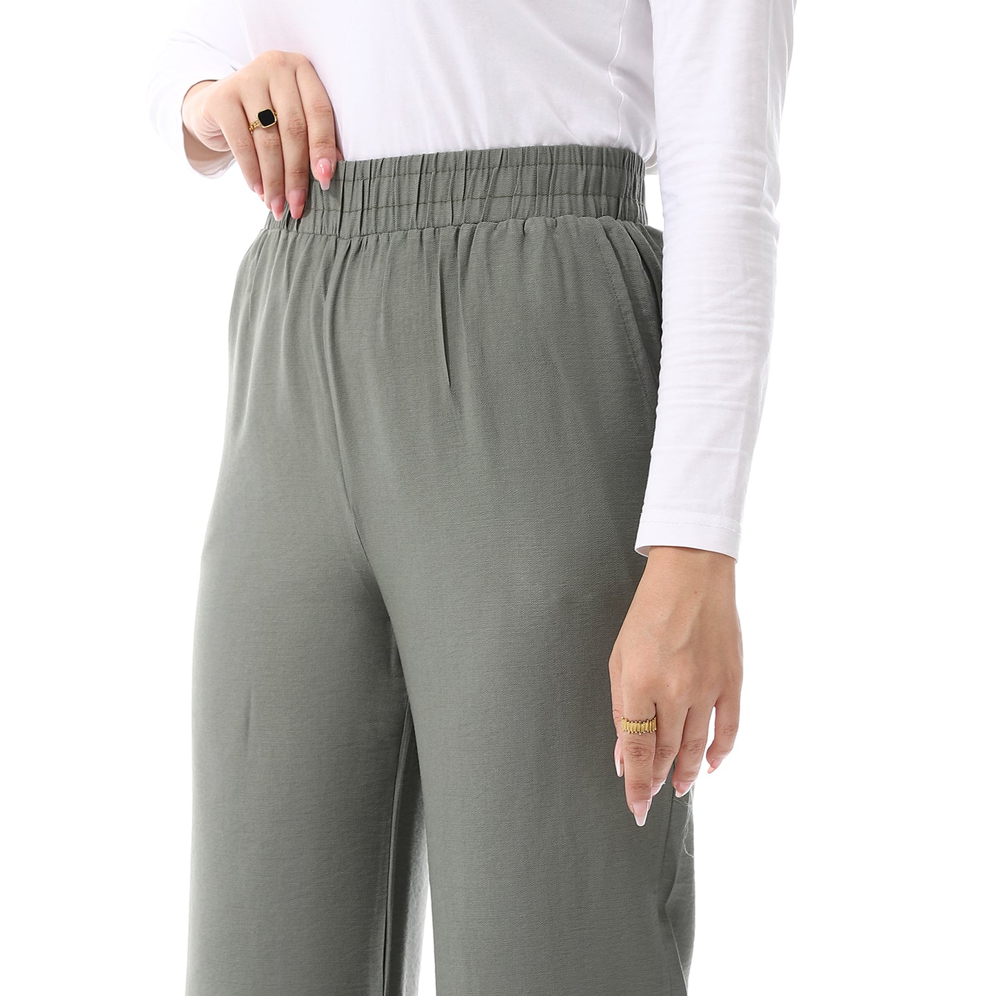 Wide Leg Elastic Waist Plain Buff Dark olive Pants