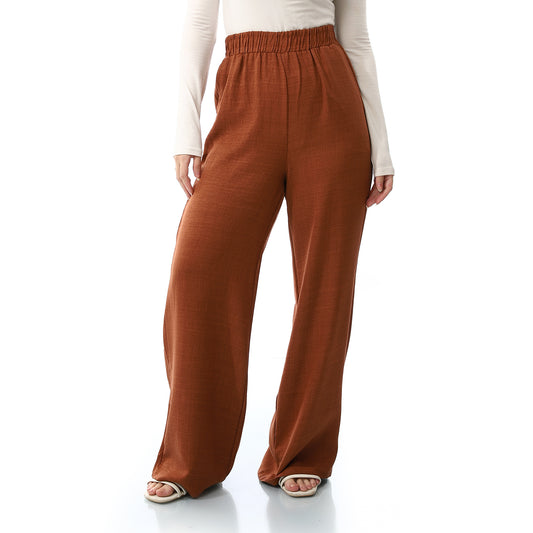 Elastic Waist Linen Plain Pants - Red Brown