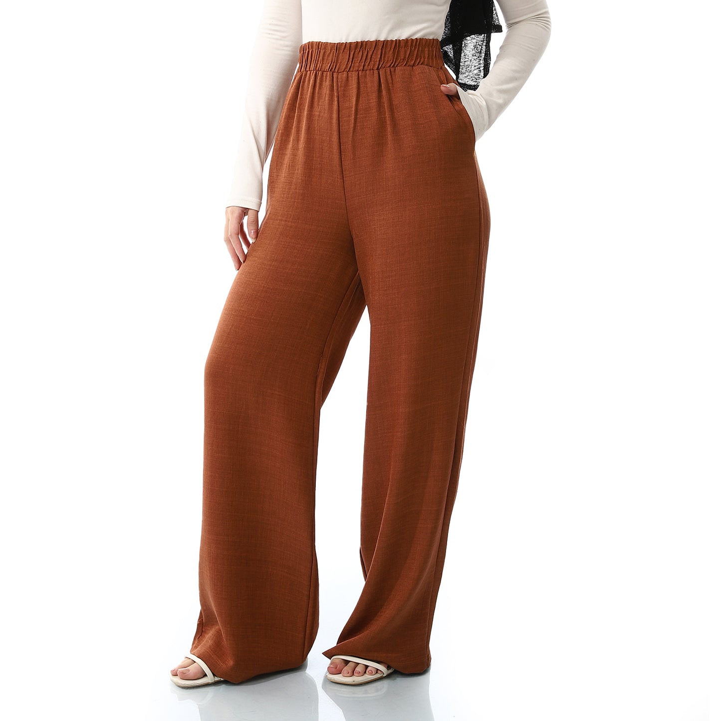 Elastic Waist Linen Plain Pants - Red Brown