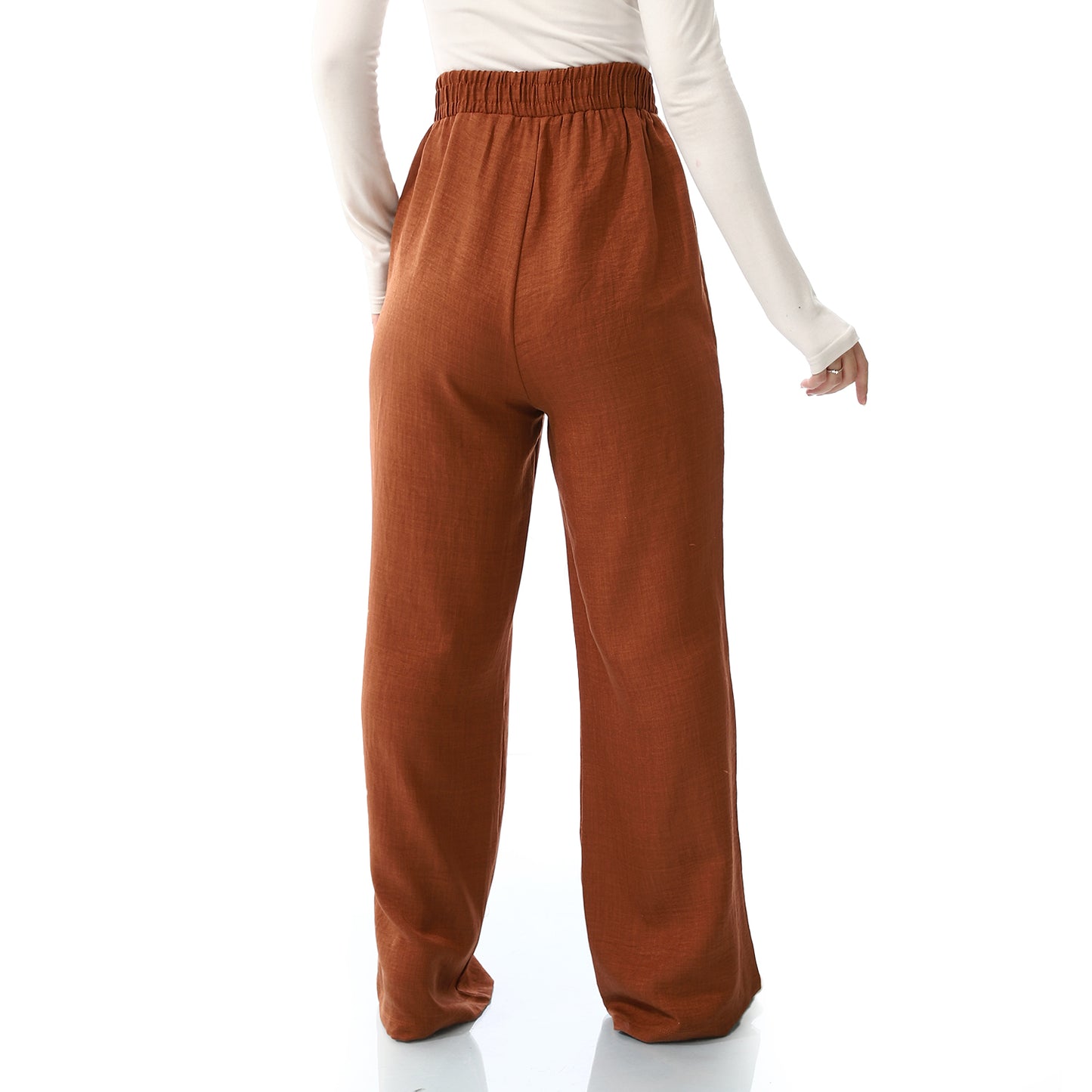 Elastic Waist Linen Plain Pants - Red Brown