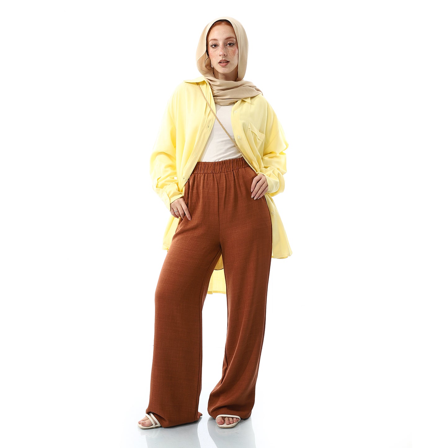 Elastic Waist Linen Plain Pants - Red Brown