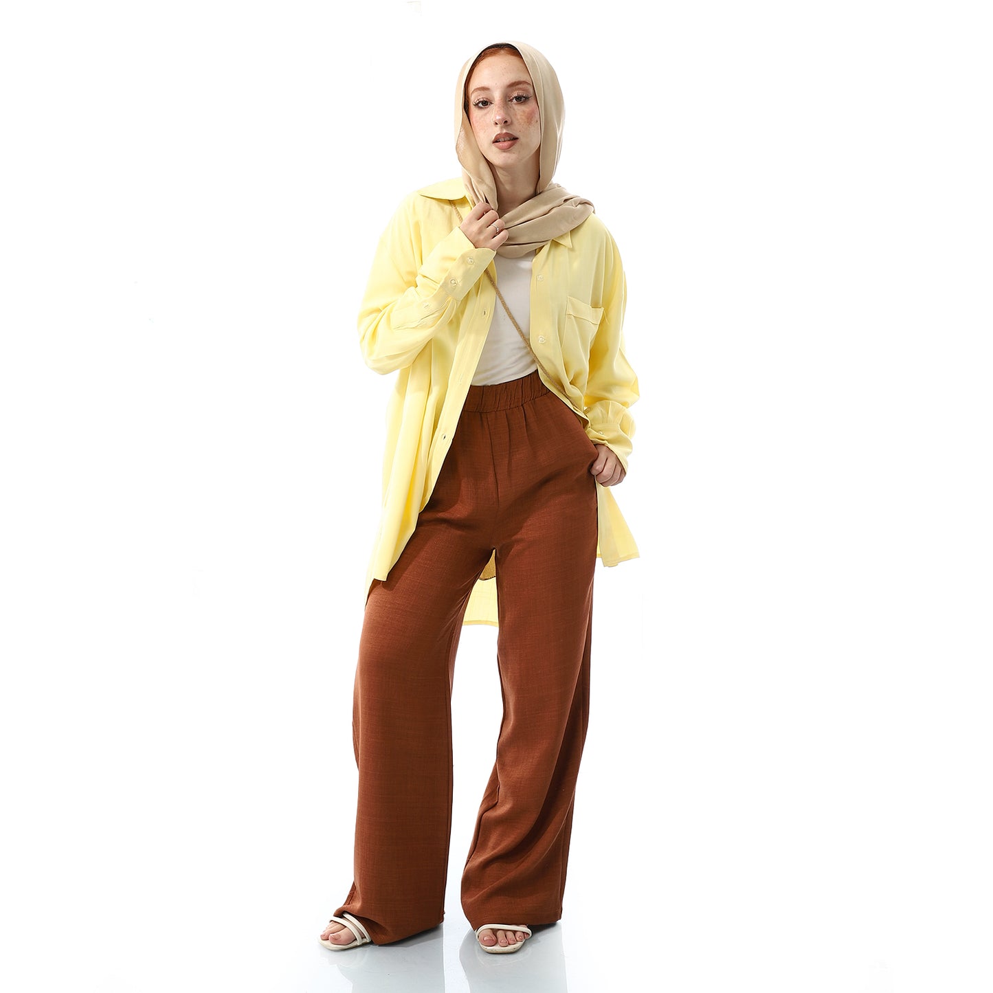 Elastic Waist Linen Plain Pants - Red Brown