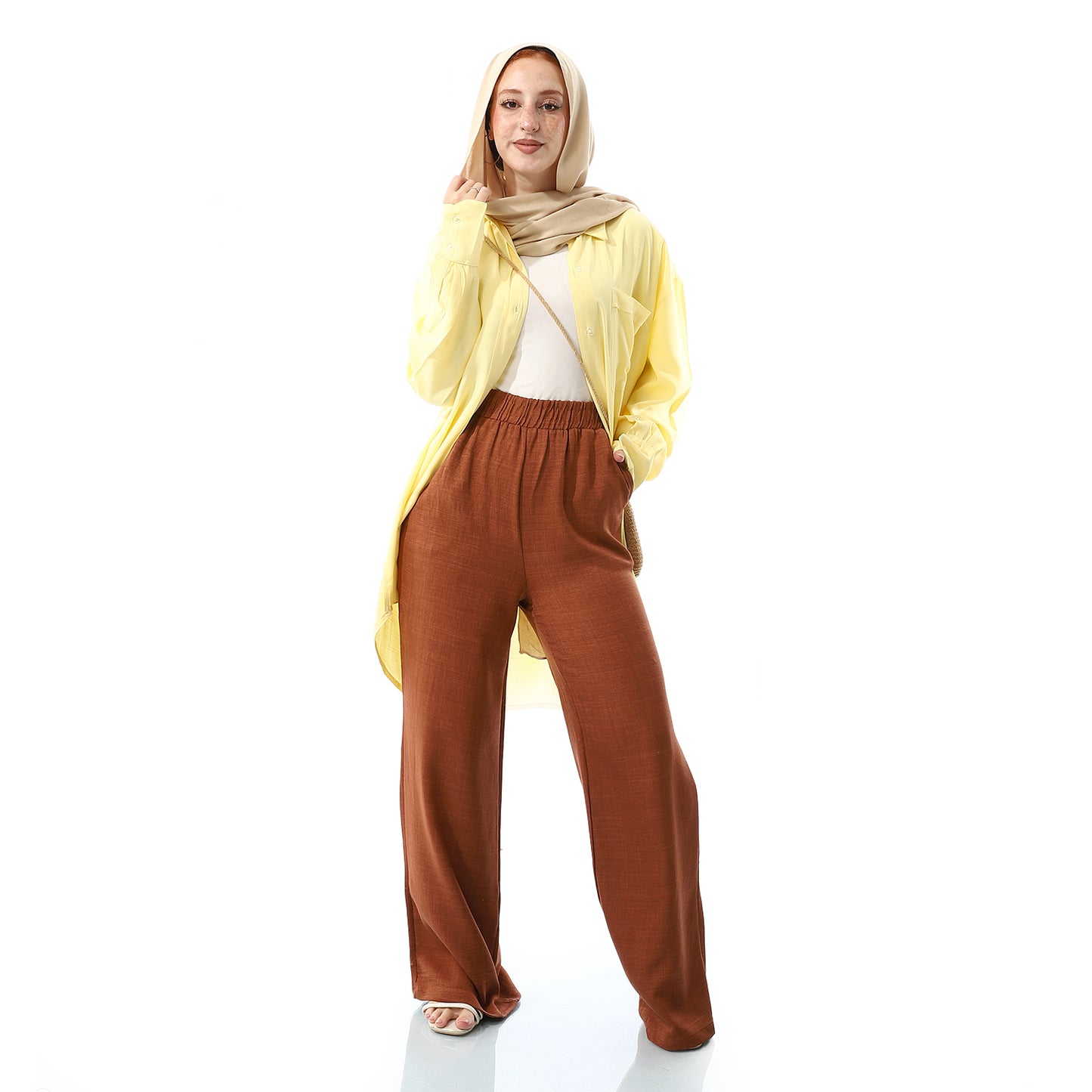 Elastic Waist Linen Plain Pants - Red Brown