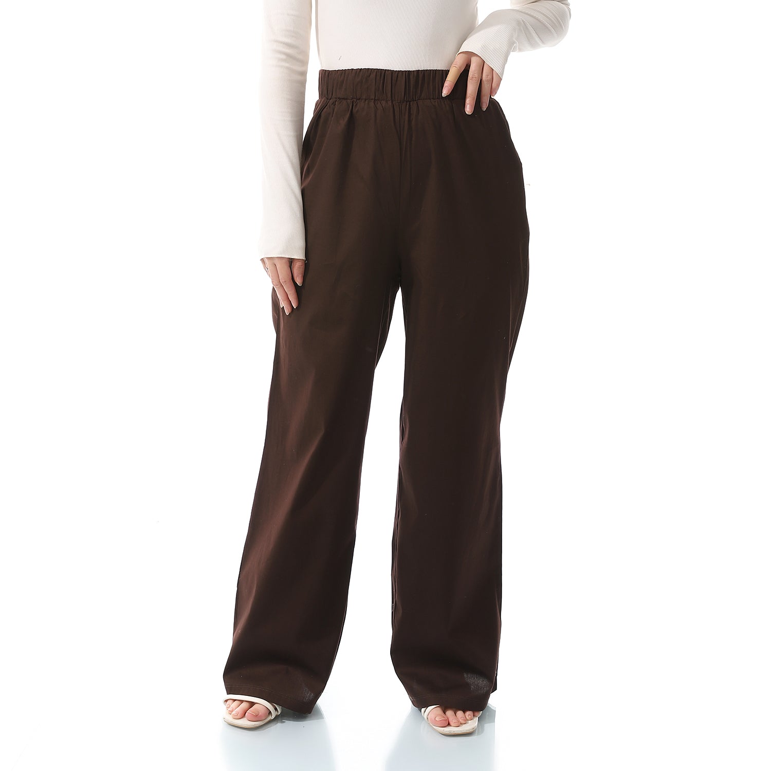 Plain Rayon Regular Chocolate Brown Elastic Waist Pants