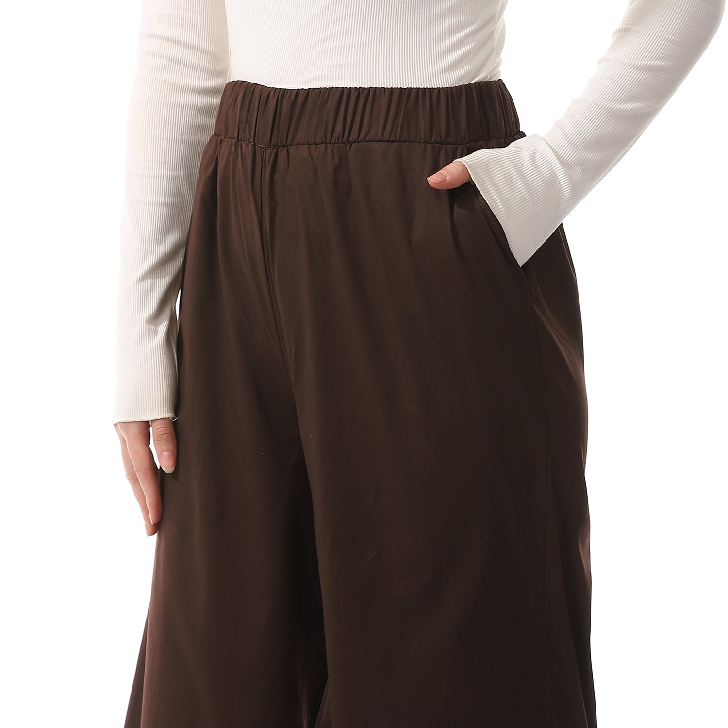 Plain Rayon Regular Chocolate Brown Elastic Waist Pants