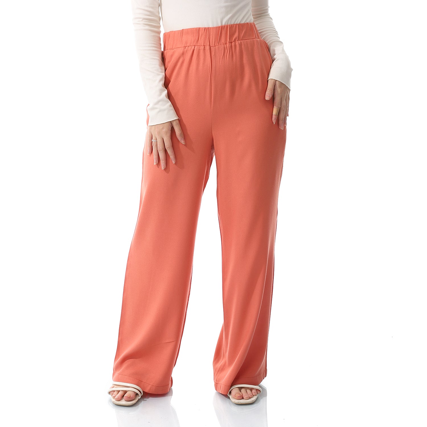 Plain Rayon Regular Peach Elastic Waist Pants