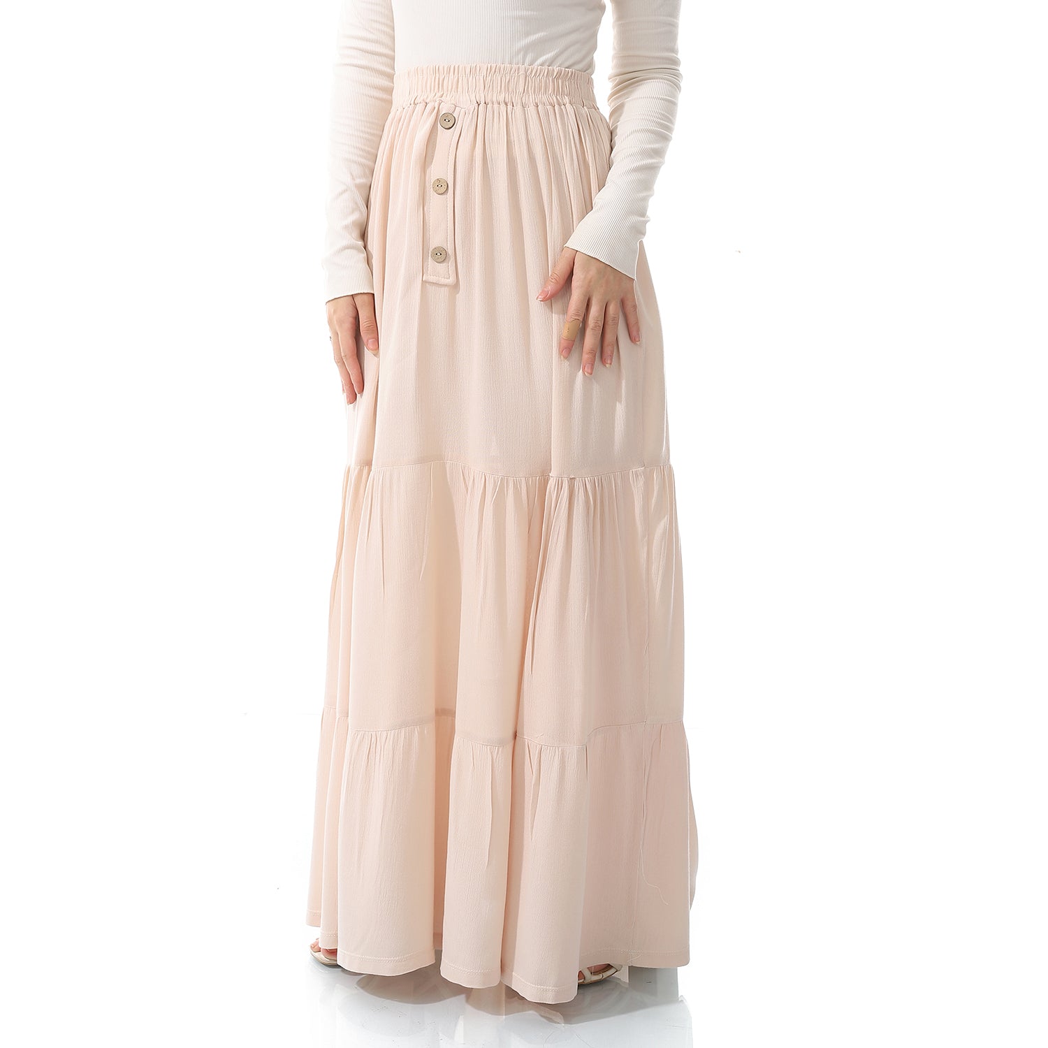 Linen Ruffled Plain Plain Long Buff Beige Skirt