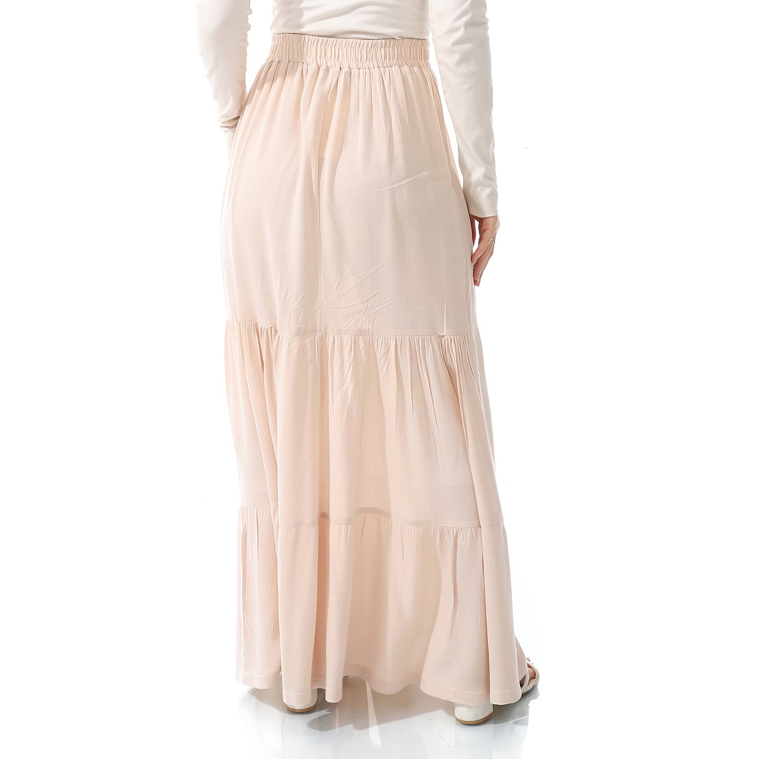 Linen Ruffled Plain Plain Long Buff Beige Skirt