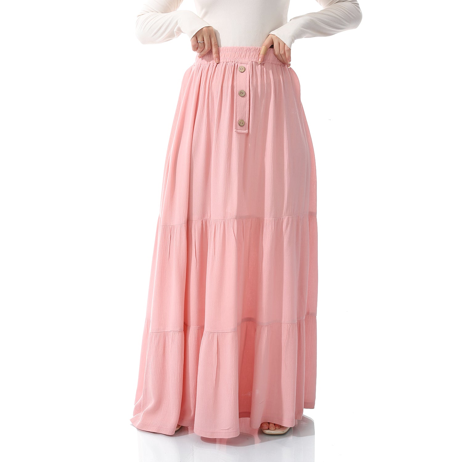 Linen Ruffled Plain Plain Long Salmon Pink Skirt