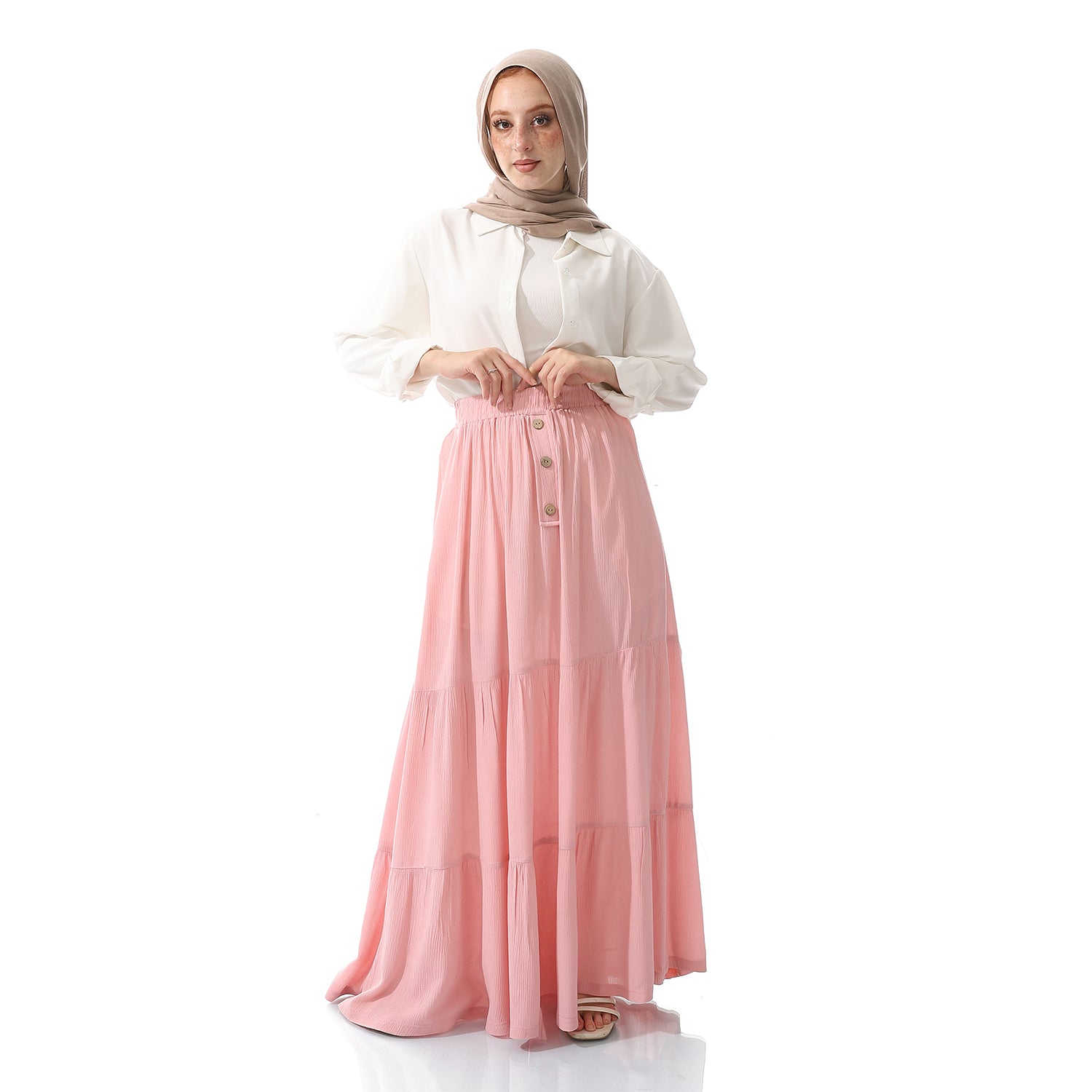 Linen Ruffled Plain Plain Long Salmon Pink Skirt