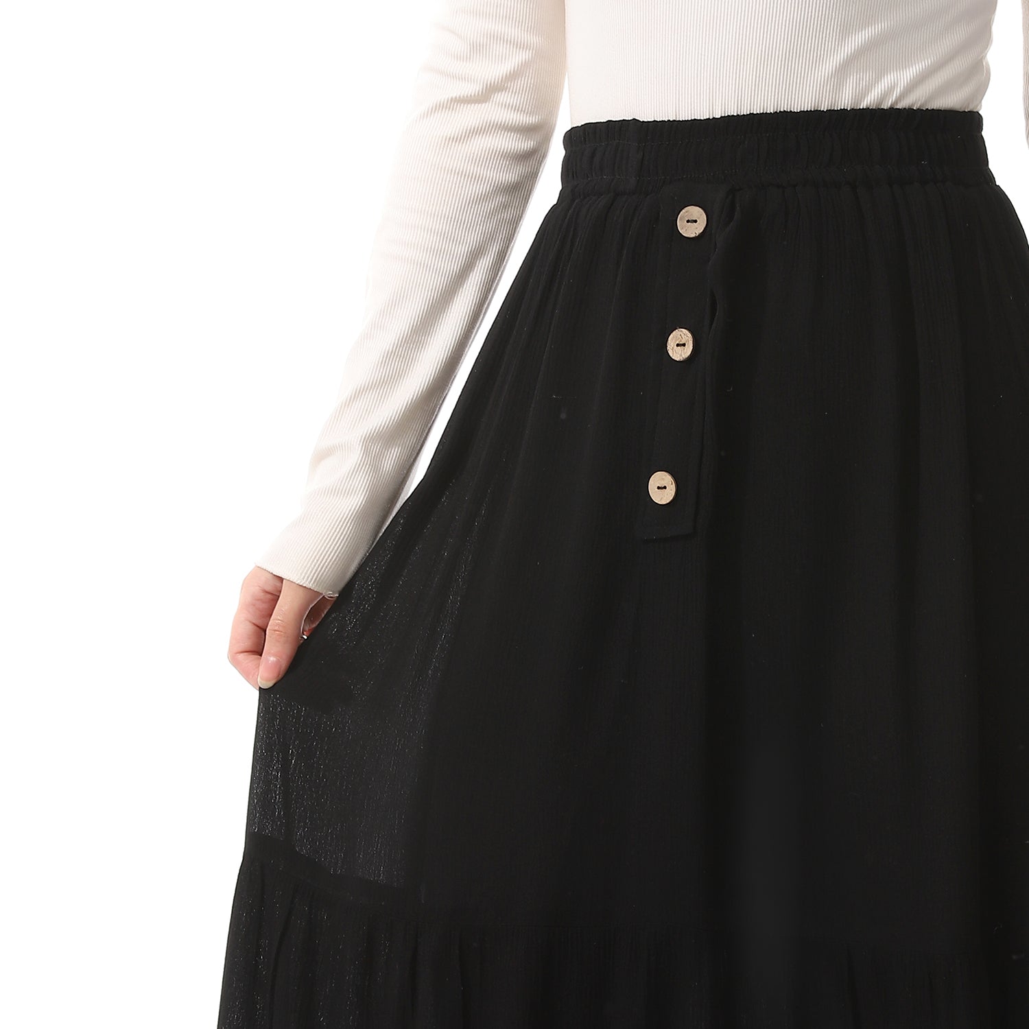 Linen Ruffled Plain Plain Long Black Skirt