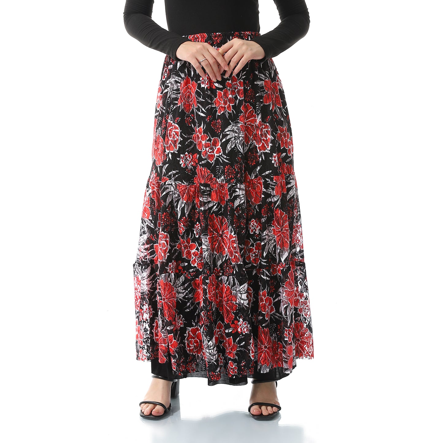 Self Patterned Long Tulle Black & Orange Red Skirt