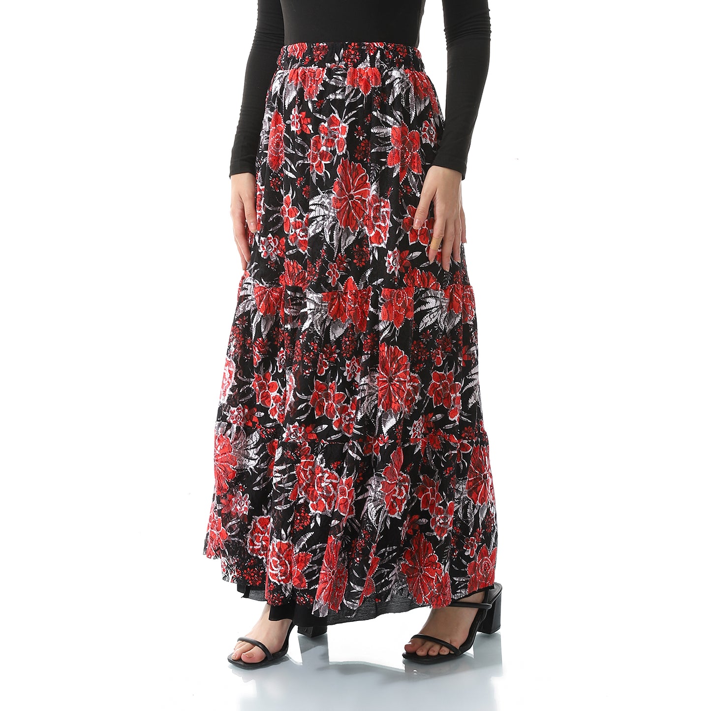 Self Patterned Long Tulle Black & Orange Red Skirt