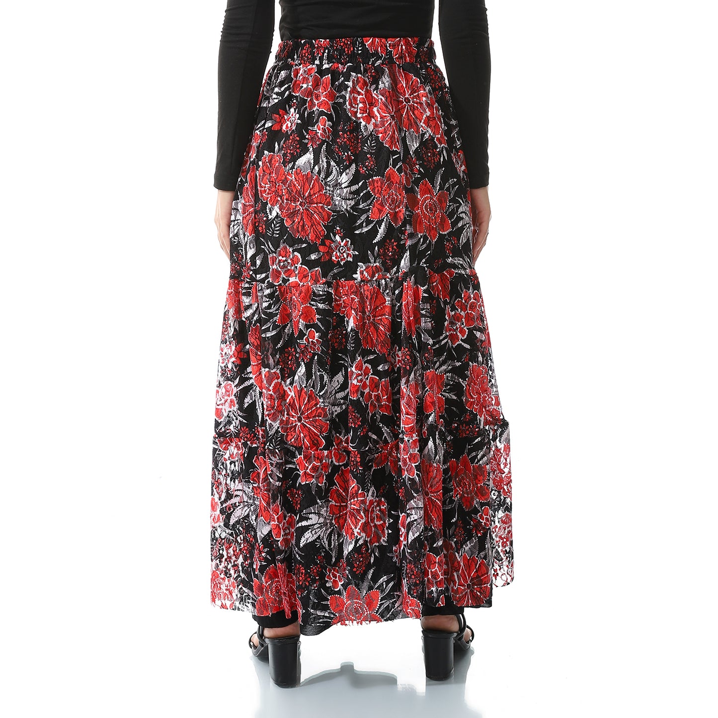 Self Patterned Long Tulle Black & Orange Red Skirt