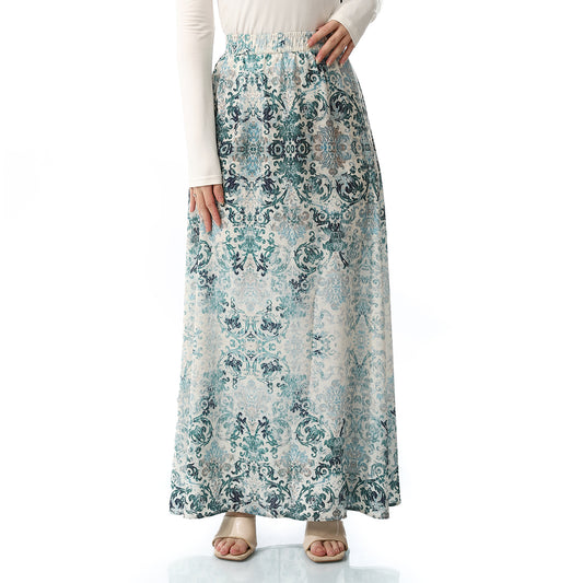 Elastic Waist Long Self Prints Green & Shades of Beige Skirt