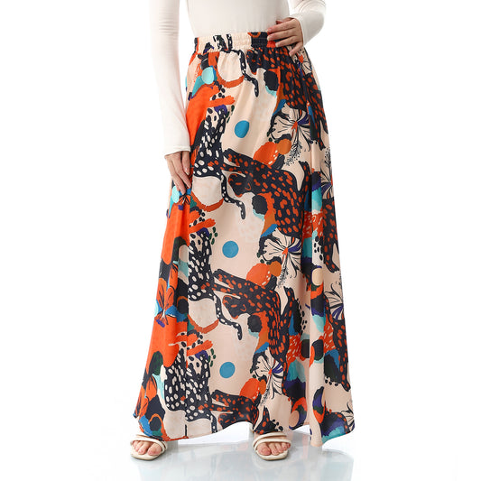 Summer Navy Blue & Shades of Orange Elastic Waist Long Skirt