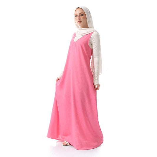 Sleeveless Long Plain Linen Flamingo Pink Dress