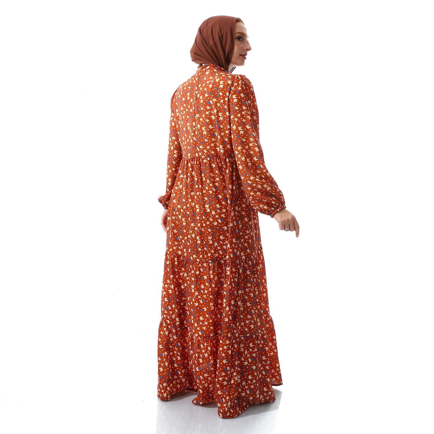 Long Elastic Cuffs Self Patterned Burnt Orange Casual Dress