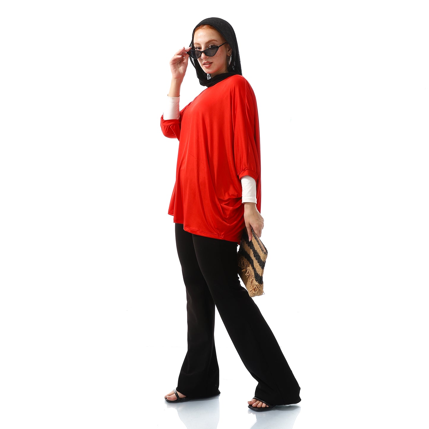 Loose Fit Plain Basic Batwinged Candy Red Top