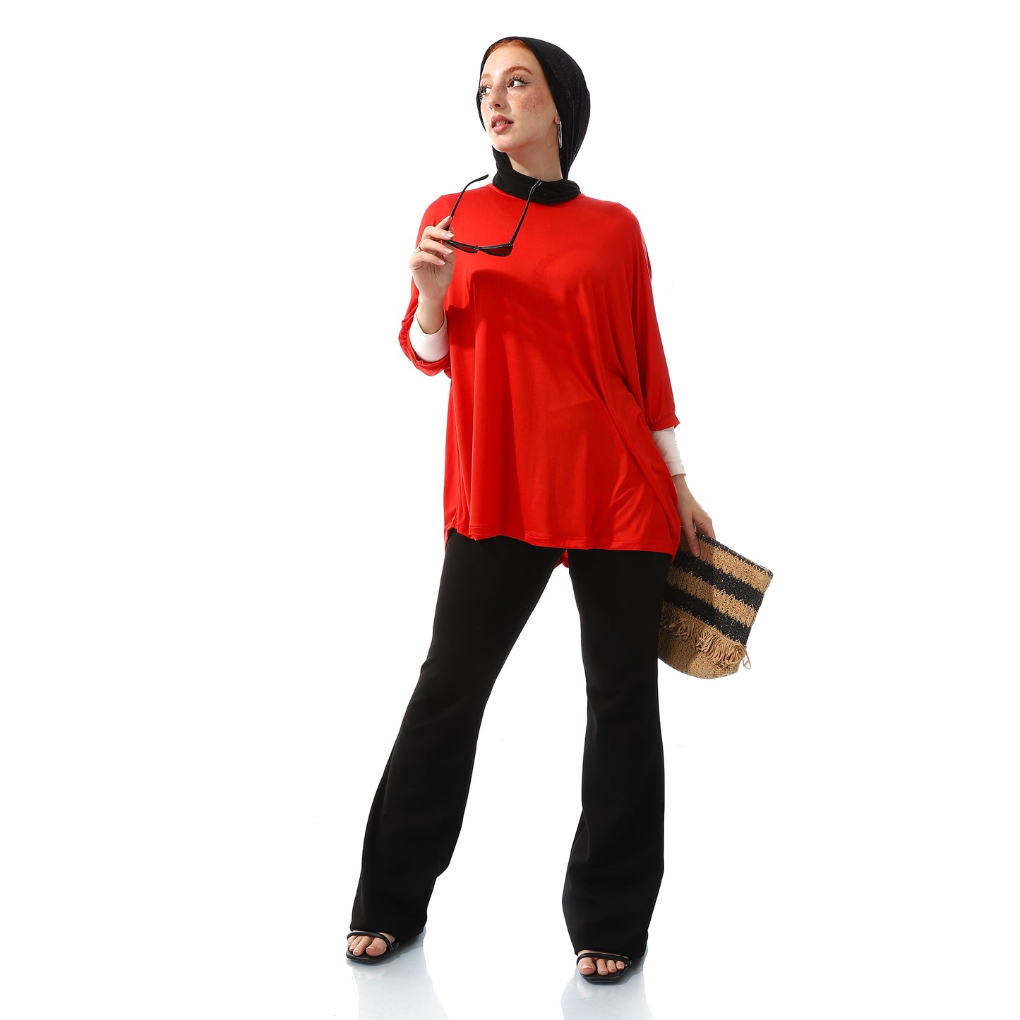 Loose Fit Plain Basic Batwinged Candy Red Top