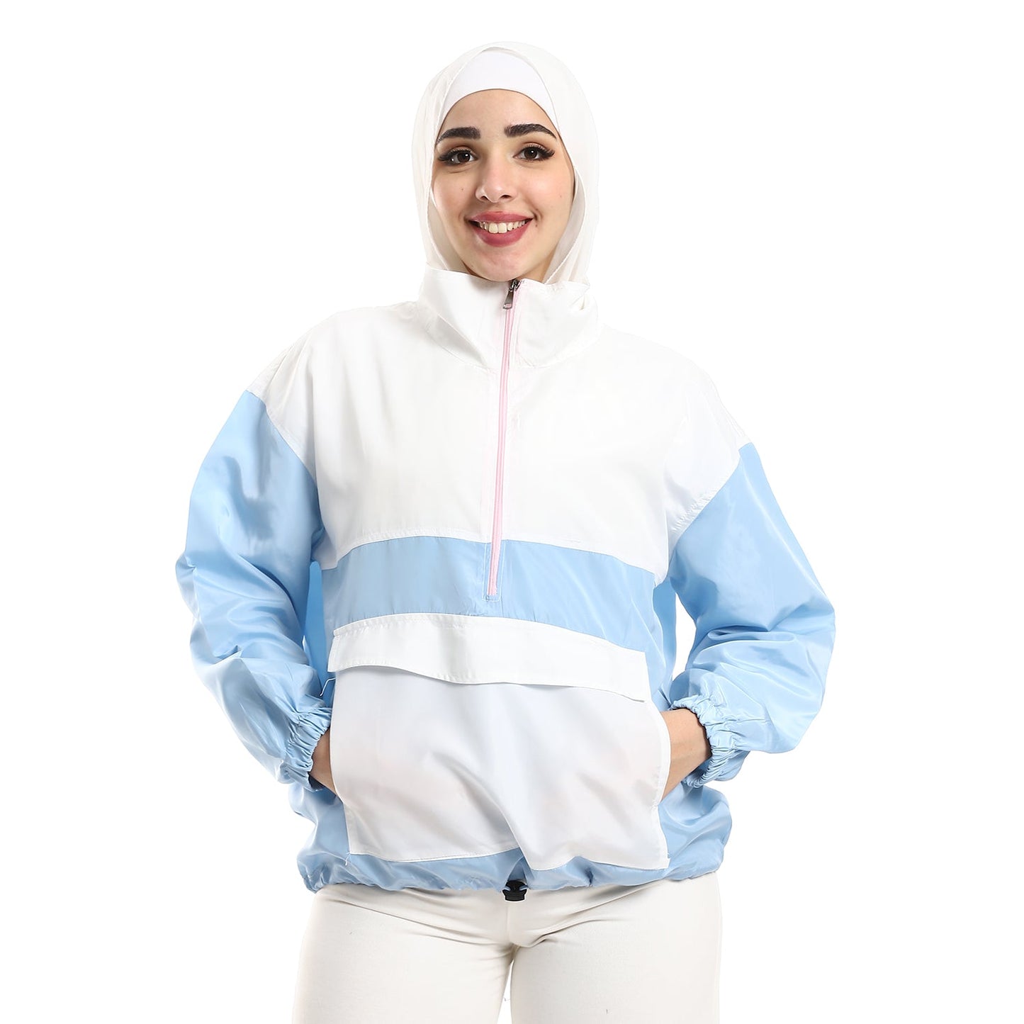 Big Kangroo Pocket Waterproof Hoodie - White & Sky Blue